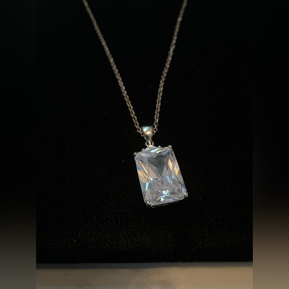 925 SS 24” long chain. Large Emerald cut CZ set in 925 SS raised cage 1”x 1/2” - Picture 3 of 12